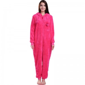 Pyjama Femme Rose Chaud À Capuche Avec Oreilles Animales