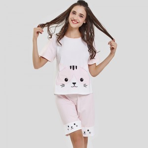 Ensemble de pyjama à broderie de chat en tissu modal pour femmes